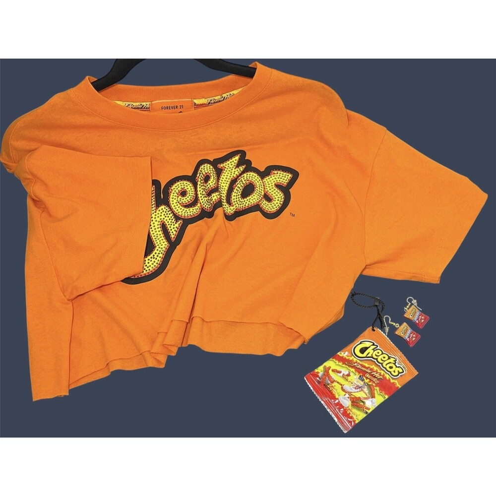 Forever 21 Cheetos Flaming Hot Rhinestone Crop Top Womens Medium NWT + Earrings